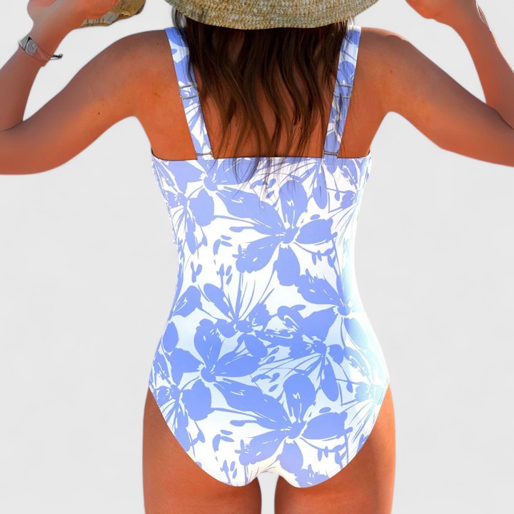 Vibrant multicolour one-piece swimsuit with a softly draped front