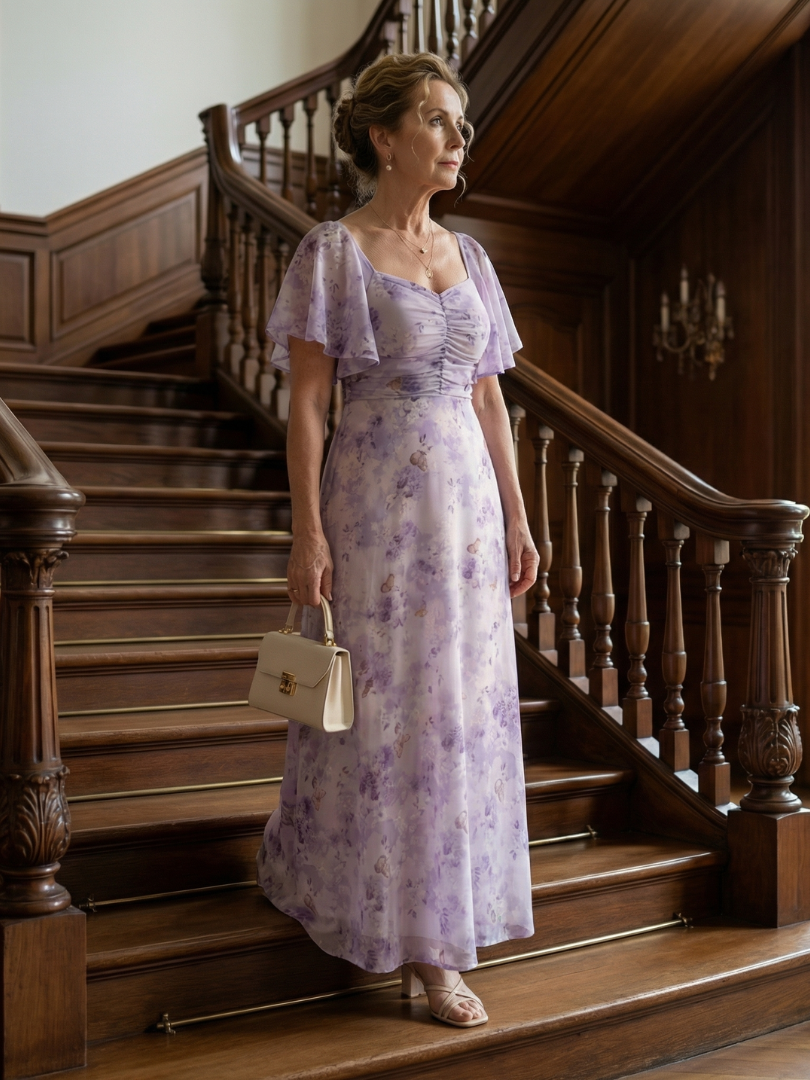Floral midi dress with a square neckline and short flutter sleeves in a delicate print