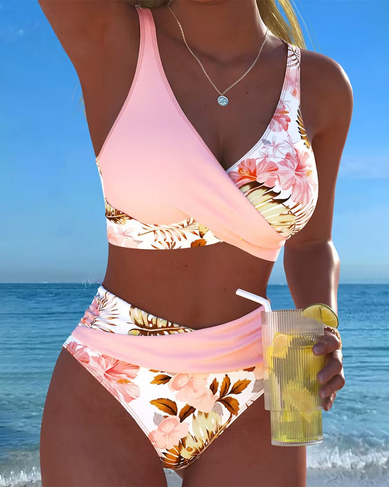 Floral bikini in pink with a cutout panel detail on the top