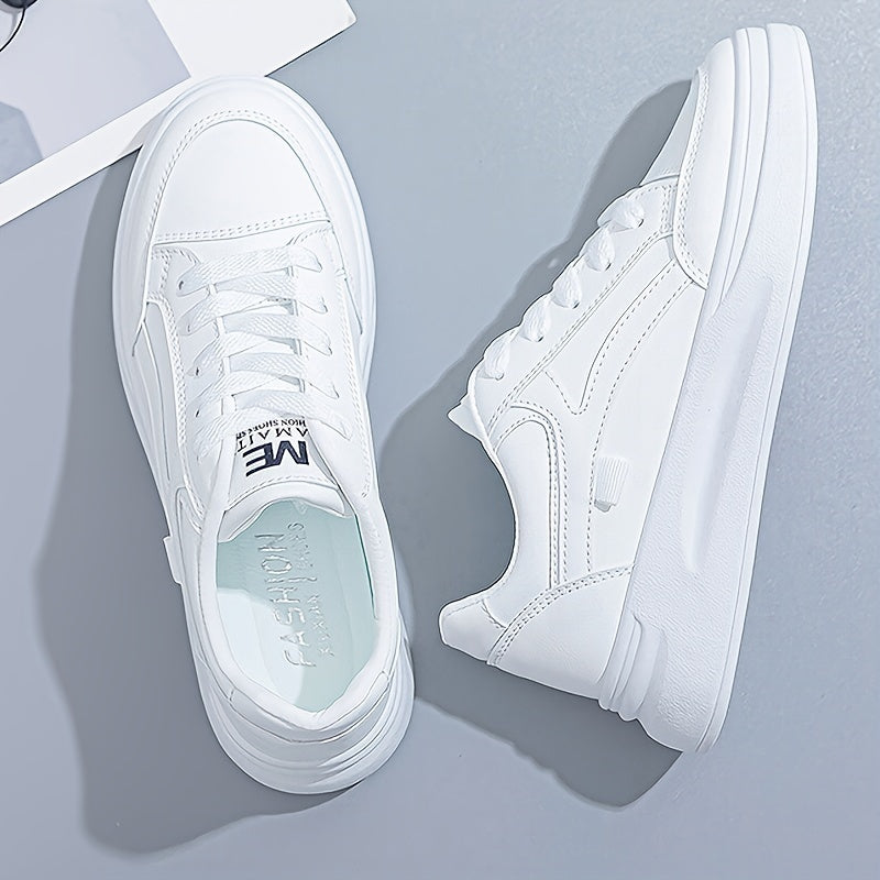 A woman in crisp white light comfort trainers paired with jeans.
