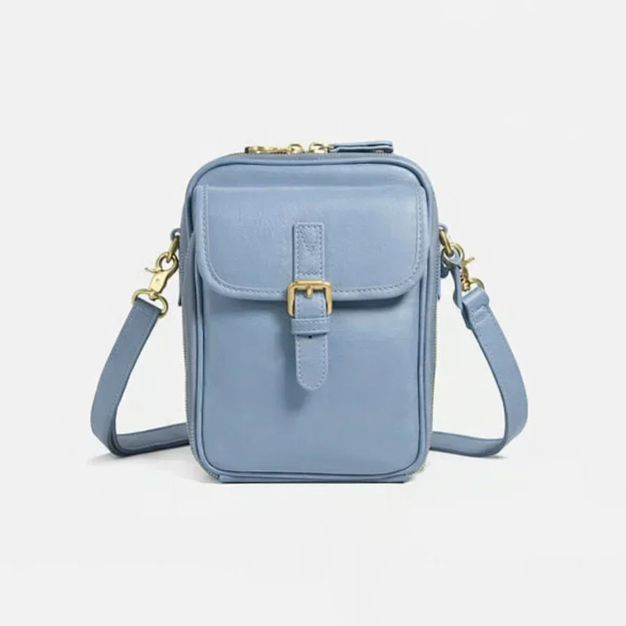 Small structured handbag with multiple pockets, available in light blue, green, orange, black, burgundy, white, pink and navy