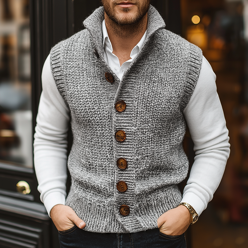 Men's retro single-button knit waistcoat in a classic structured silhouette
