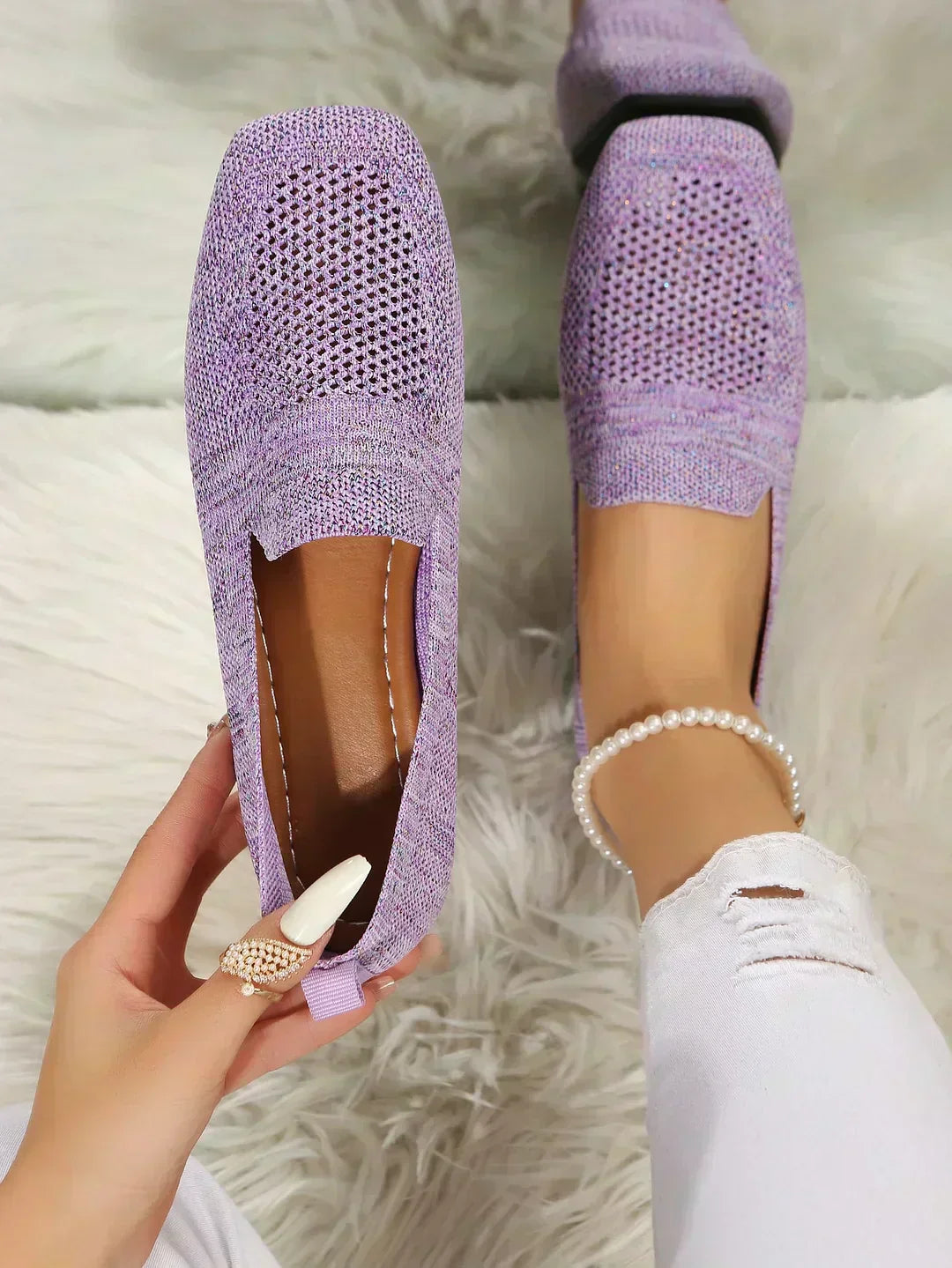 Lightweight breathable slip-on shoe in beige, available in a wide range of colours including black, brown, purple and leopard print