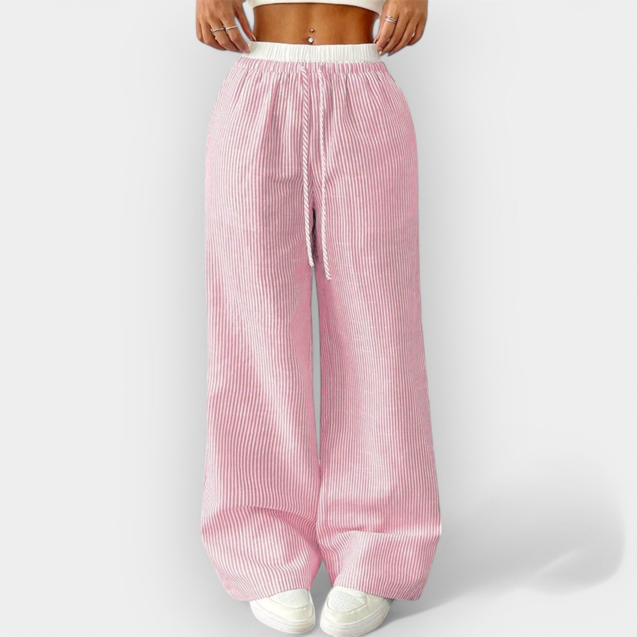 Women's wide-leg trousers in blue with fine vertical stripes and an ultra-wide waistband