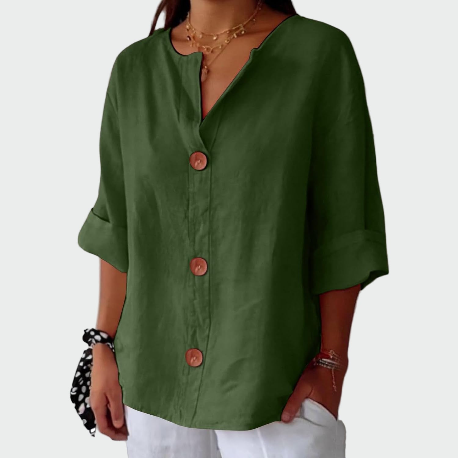 Cream relaxed-fit women's blouse with three-quarter sleeves and wooden front detail