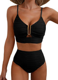 Black high-waist bikini with gold zip detail on the top and ruched briefs