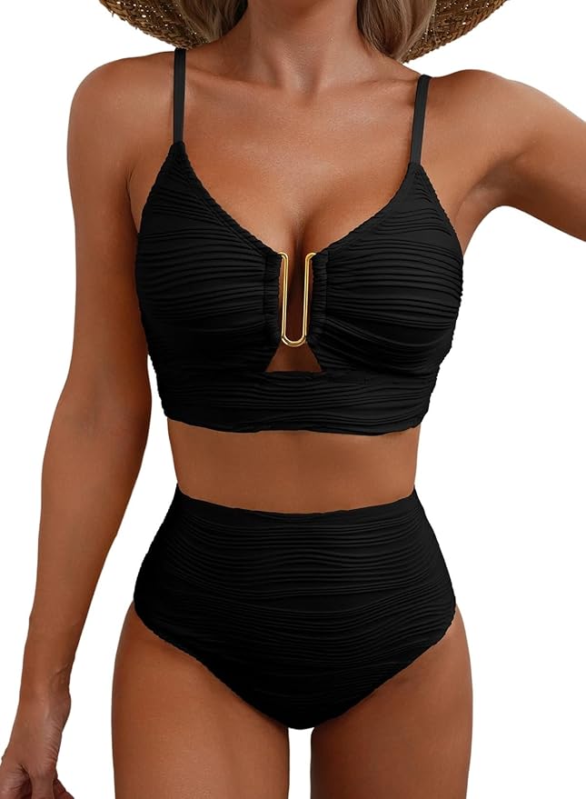 Black high-waist bikini with gold zip detail on the top and ruched briefs
