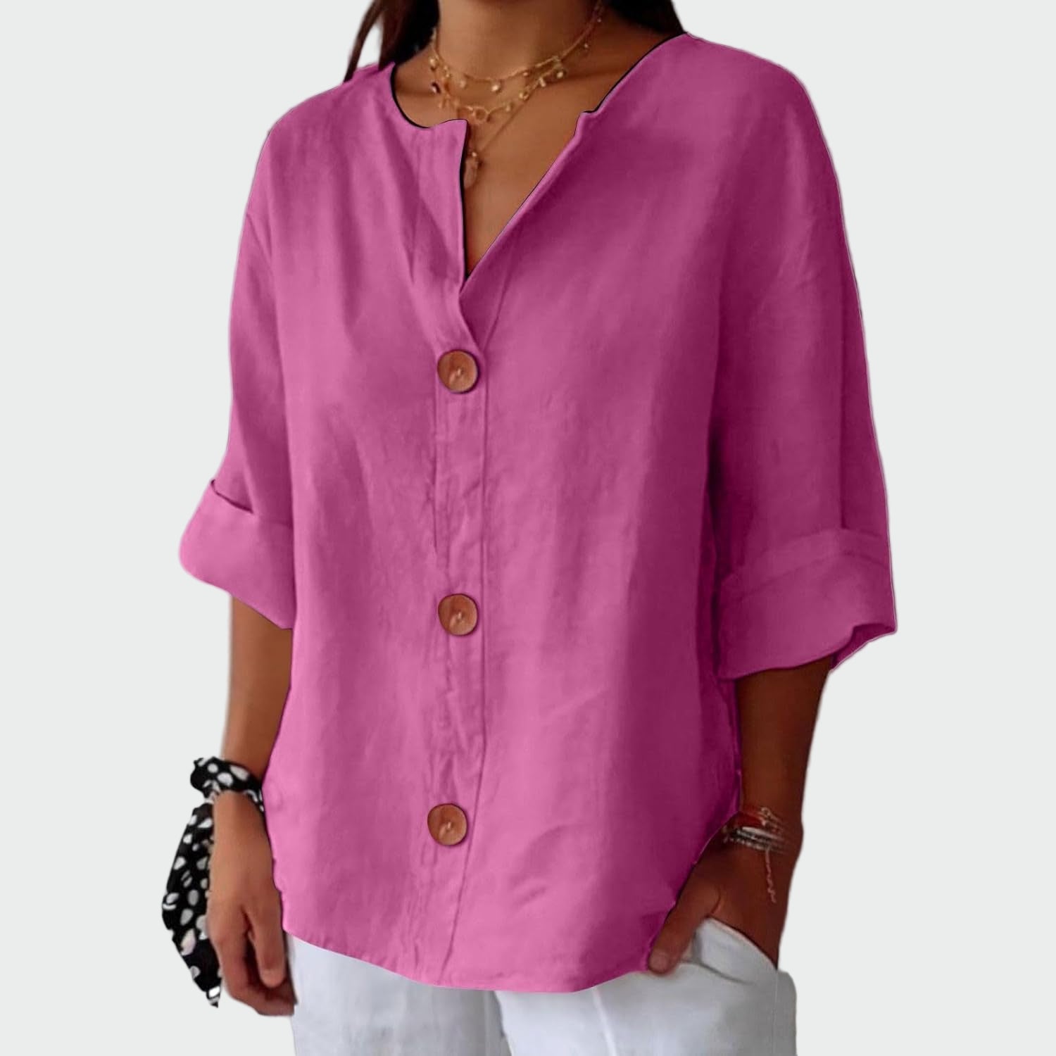 Cream relaxed-fit women's blouse with three-quarter sleeves and wooden front detail