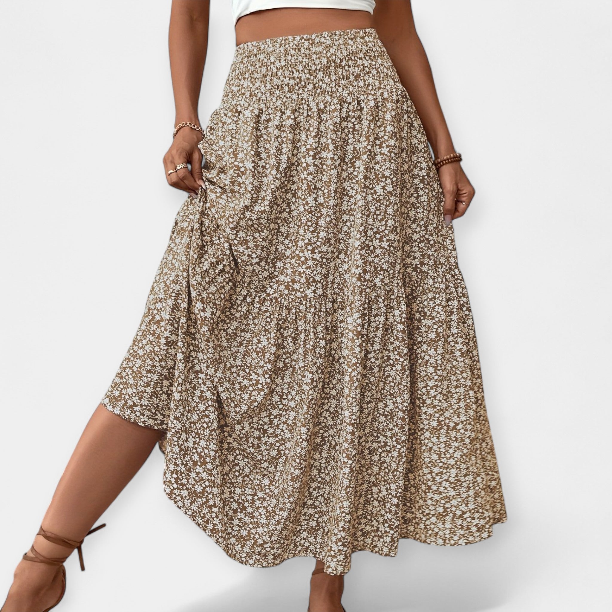 Floral midi skirt in violet print with elasticated waist and discreet side pockets