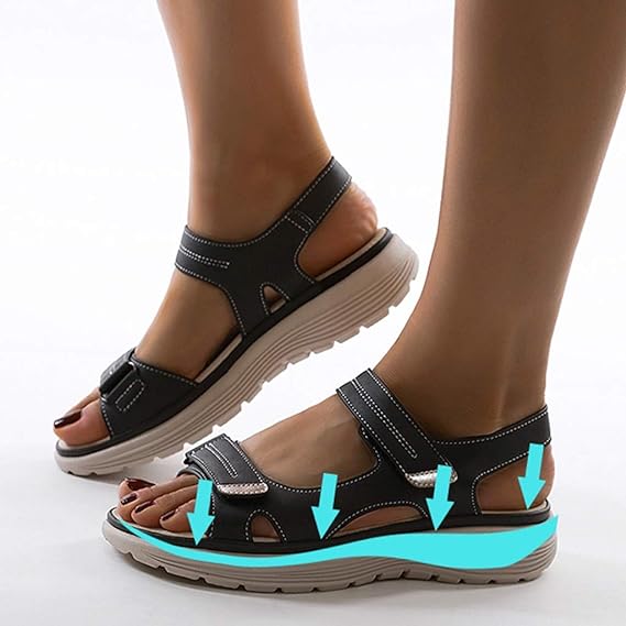 Cushioned comfort sandals in beige and black with adjustable velcro straps