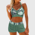 High-waist stripe bikini in green and purple colourways