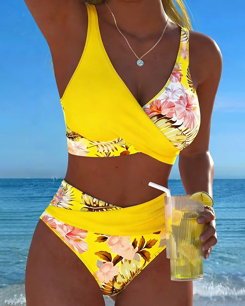Floral bikini in pink with a cutout panel detail on the top
