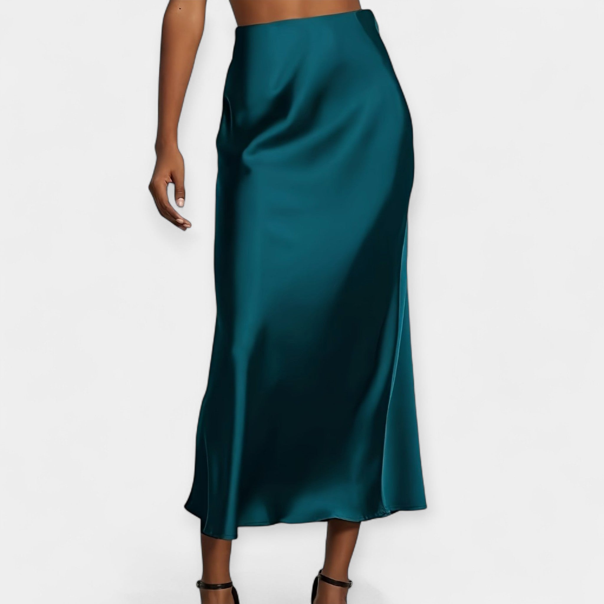 High-waist smooth midi skirt in black with a flowing wide-cut silhouette and lustrous finish