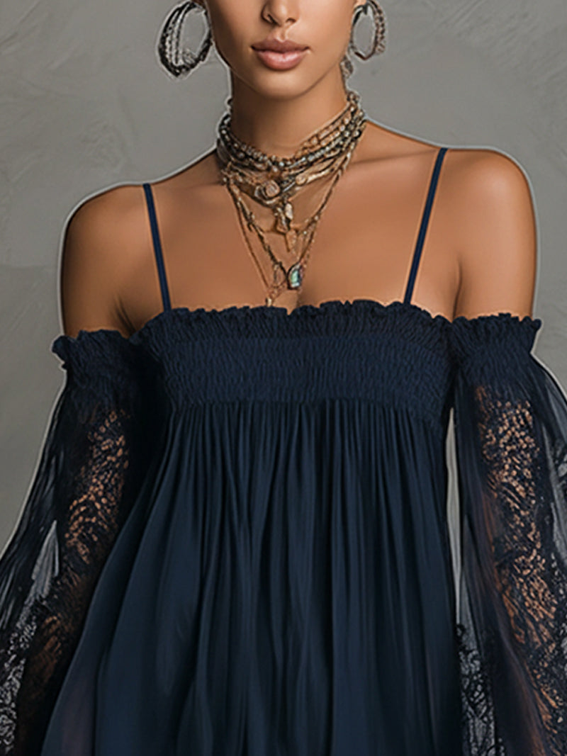 NOEMI™ | Navy Blue Off-Shoulder Chiffon Mini Dress with Lace Trim and Sheer Sleeves