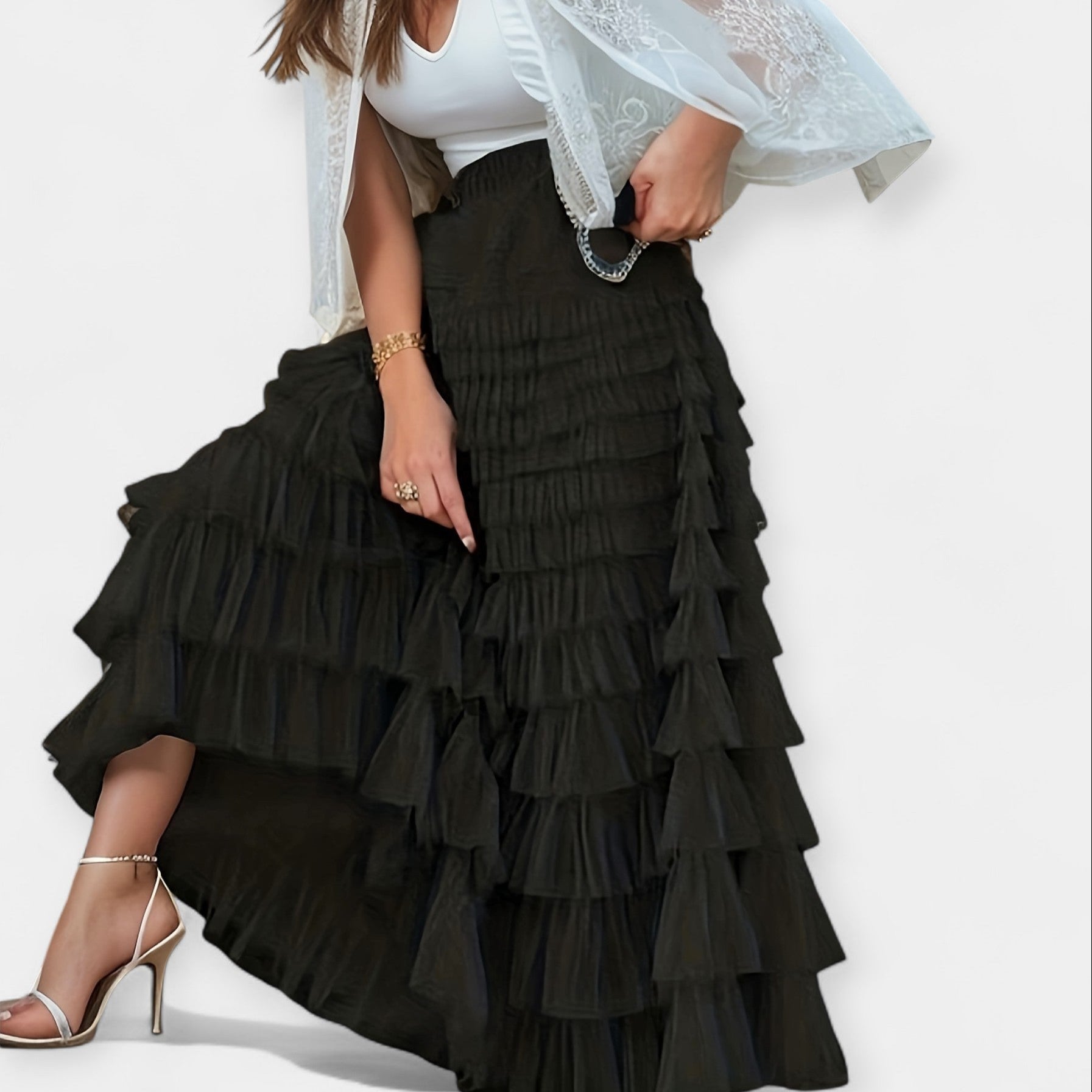 Floaty layered midi skirt in red with a full A-line silhouette and high waist