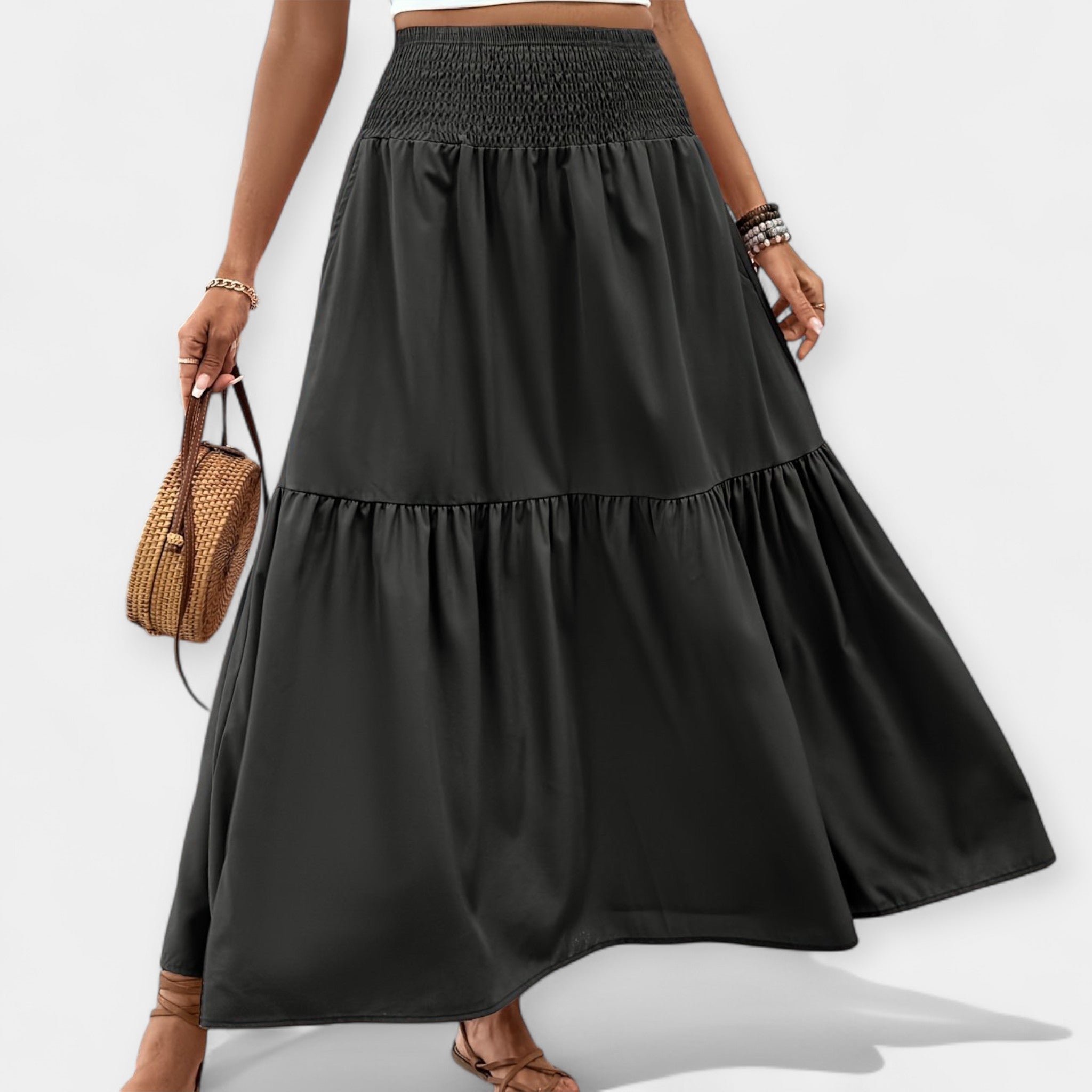 Floral midi skirt in violet print with elasticated waist and discreet side pockets