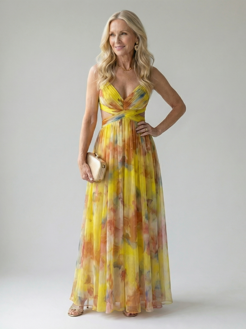 Multicolour sleeveless wrap maxi dress with thin straps, defined waist and flowing skirt