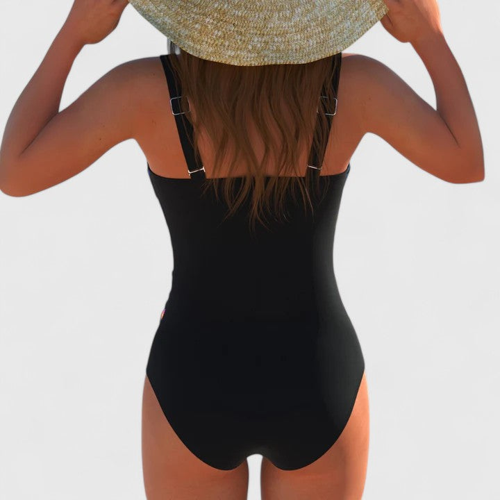 Vibrant multicolour one-piece swimsuit with a softly draped front