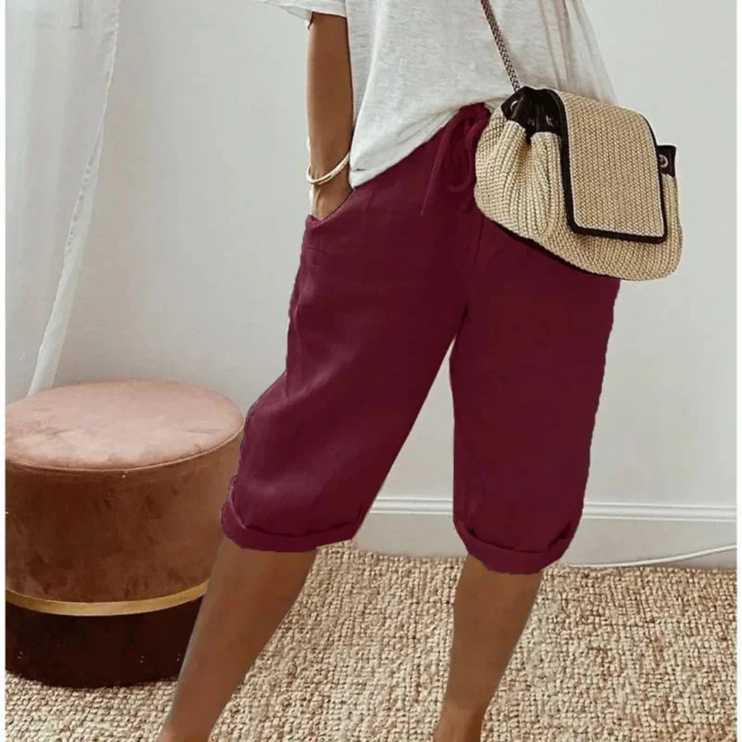 A pair of relaxed-fit summer shorts in beige with an elasticated drawstring waist