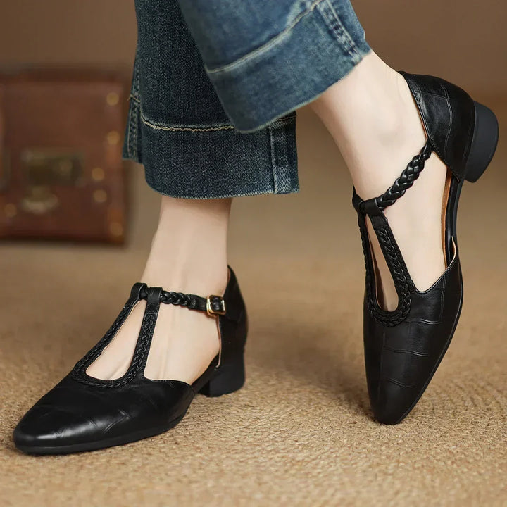 Classic T-bar heeled shoes in brown and black with a braided strap detail