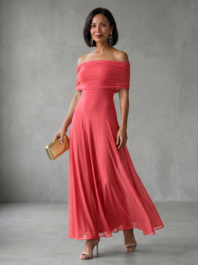 Brown midi dress with off-shoulder draped neckline and sheer outer layer over smooth lining
