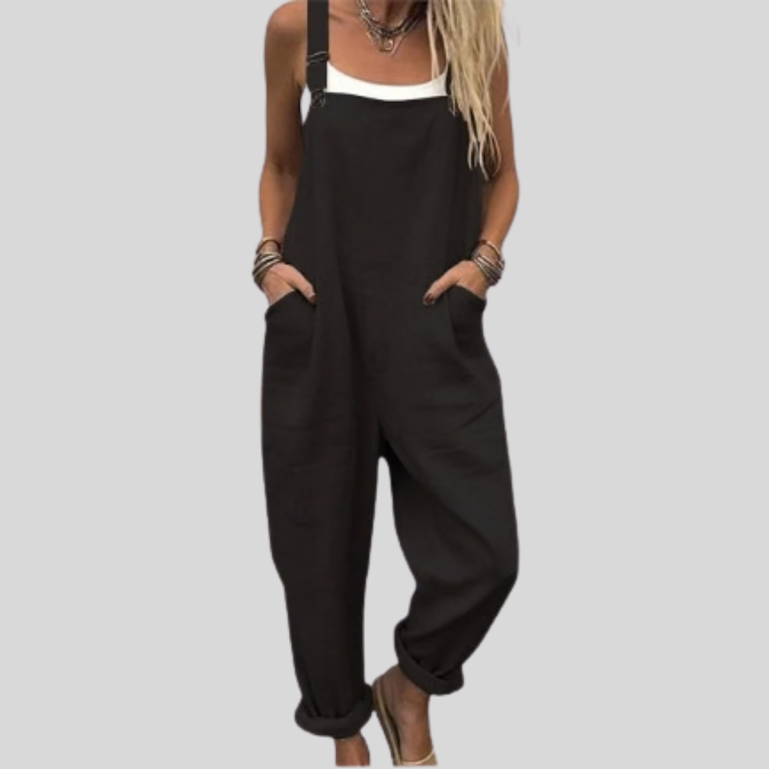 Woman wearing the Sorcha™ classic plain deep black wide-leg dungarees with adjustable straps and a clean, simple silhouette.