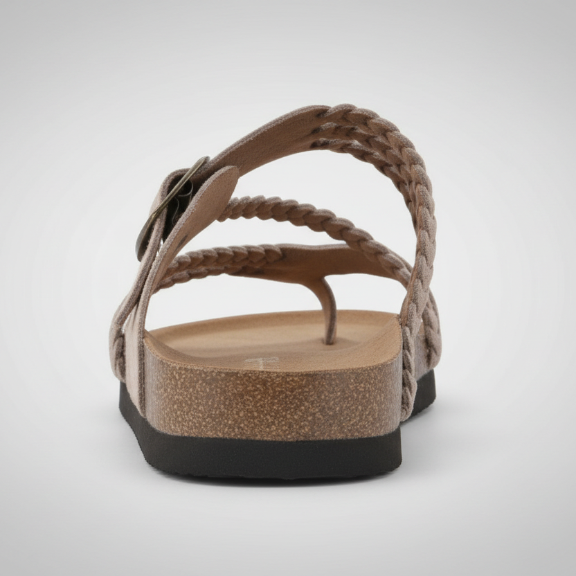 Natural woven flat sandal with an adjustable buckle strap and cushioned footbed