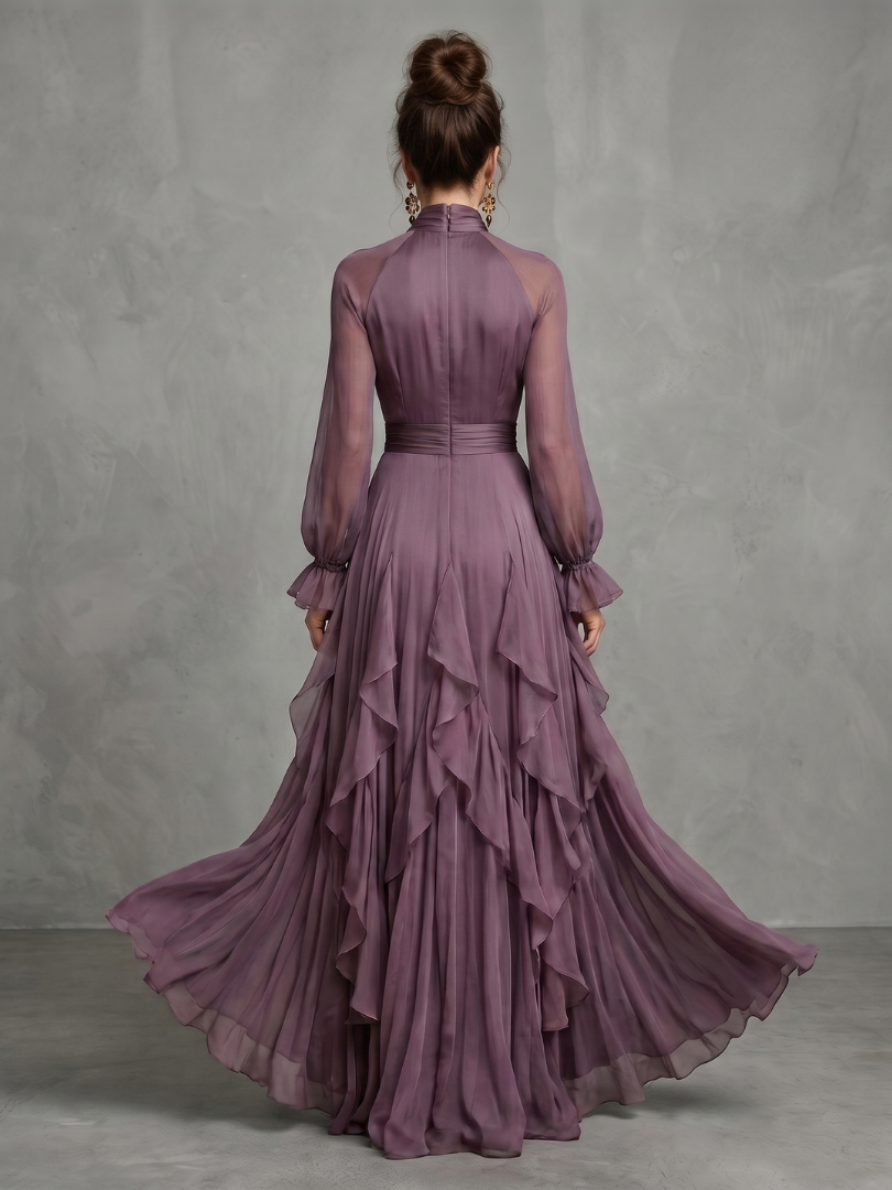Purple long-sleeve maxi dress with a bow neckline and full layered ruffle skirt