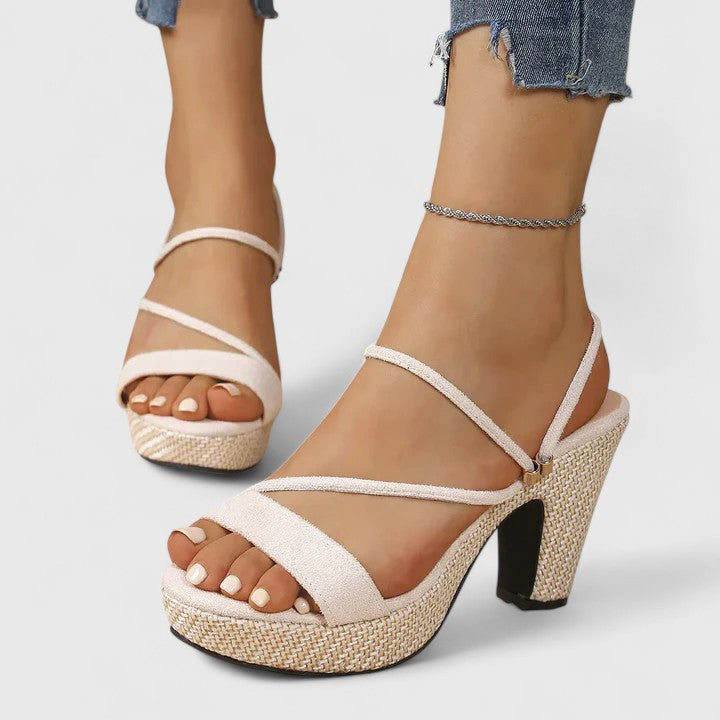 Women's strappy block-heel sandals in black with slim adjustable straps