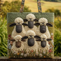 Quilted tote bag with five sheep motif and wave-stitch pattern in a structured, padded design