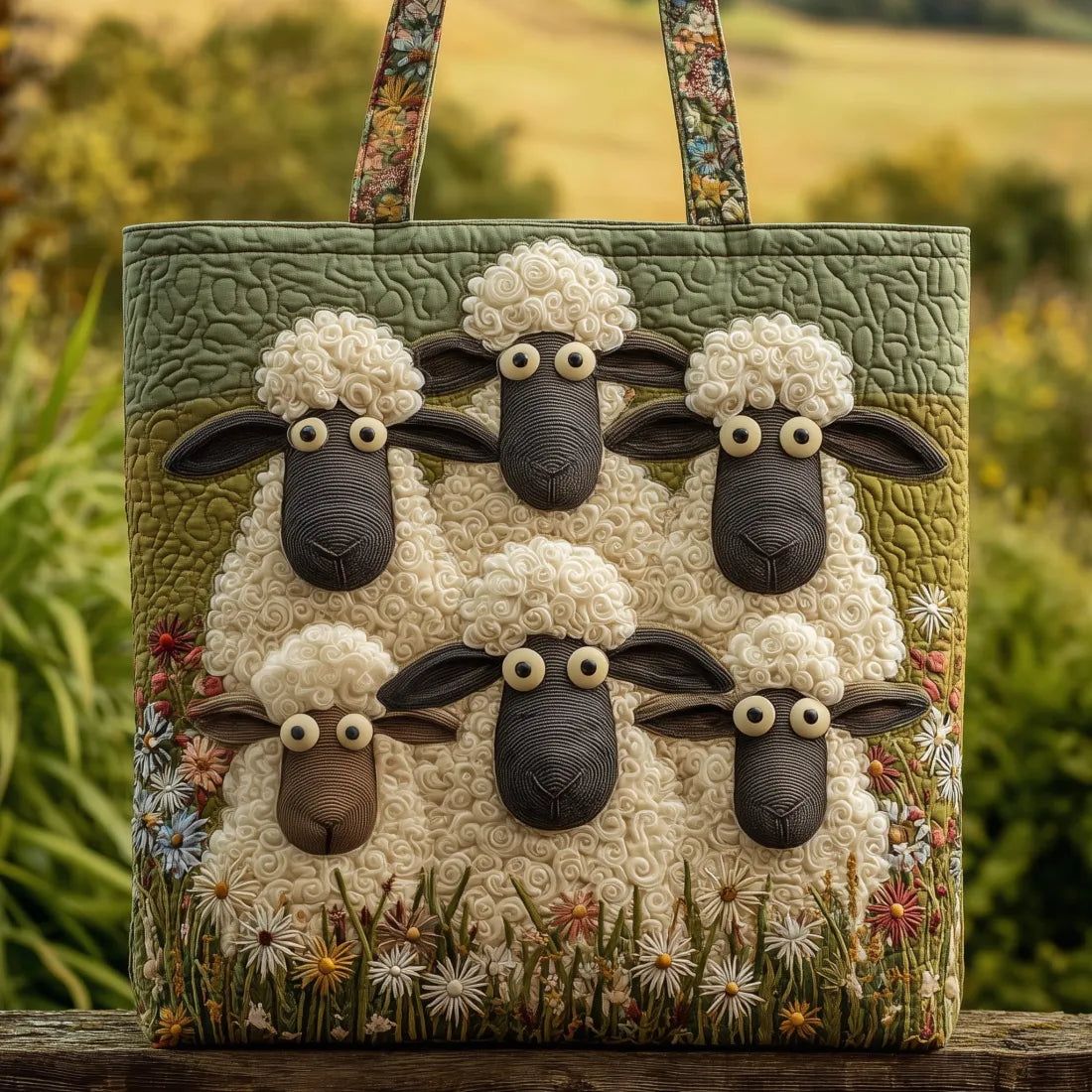 Quilted tote bag with five sheep motif and wave-stitch pattern in a structured, padded design
