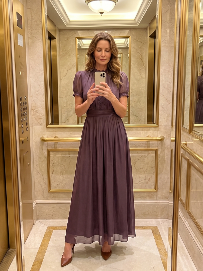 Purple maxi dress with keyhole front neckline, ruched body and flowing skirt