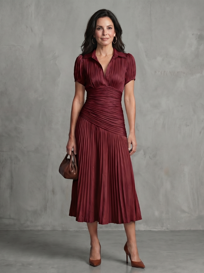 Blue and white striped midi dress with collared neckline and gently pleated waist and skirt