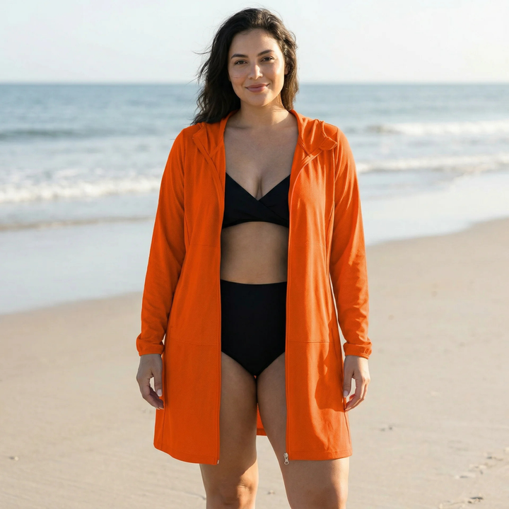 Long-sleeve zip-front swim top in black with UV protection