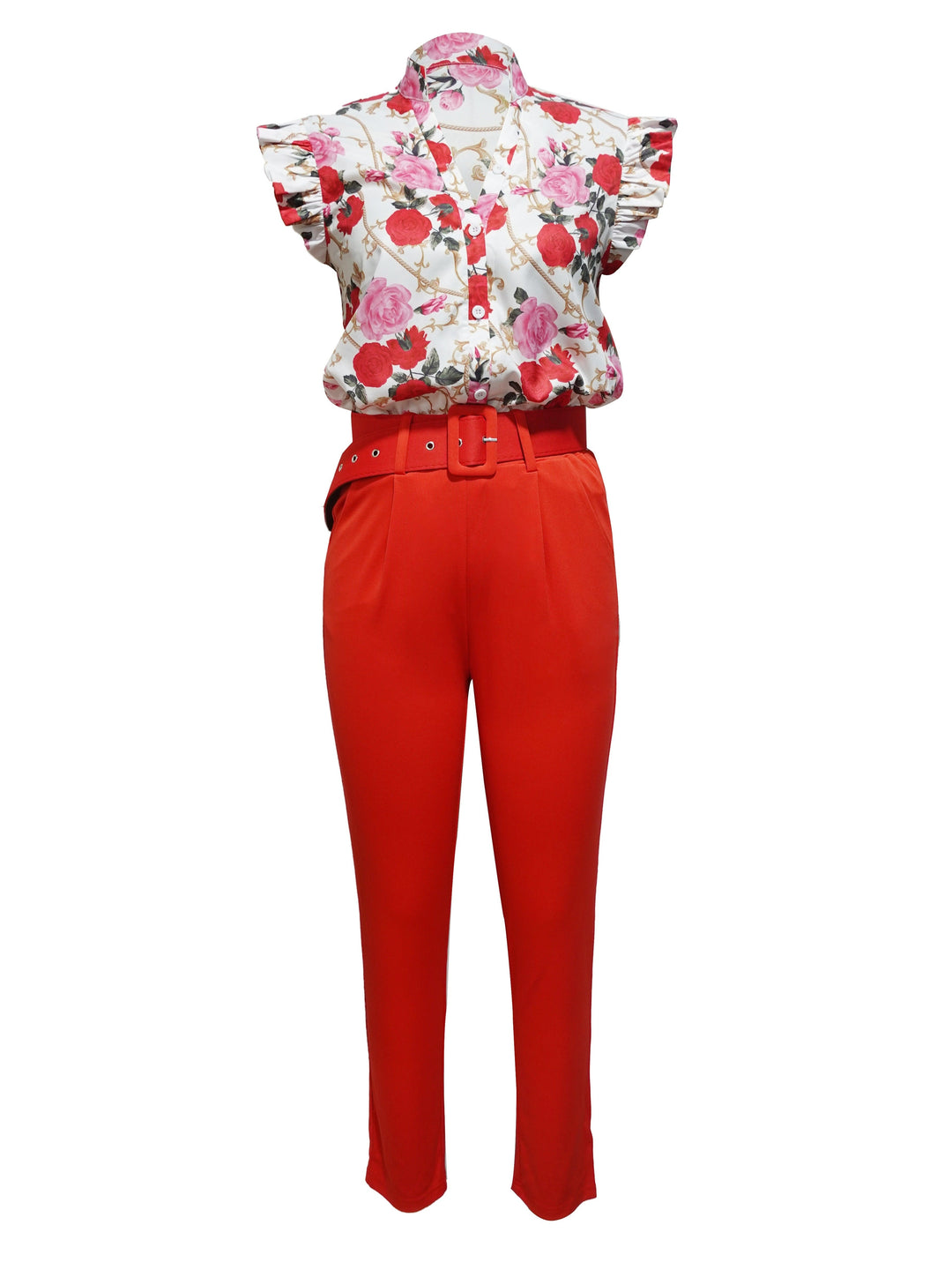 A woman wearing a floral ruffle-sleeve top with high-waisted trousers, elegant and striking.