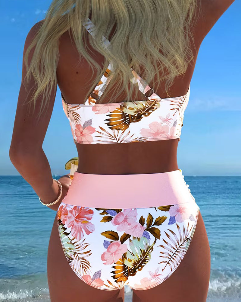 Floral bikini in pink with a cutout panel detail on the top