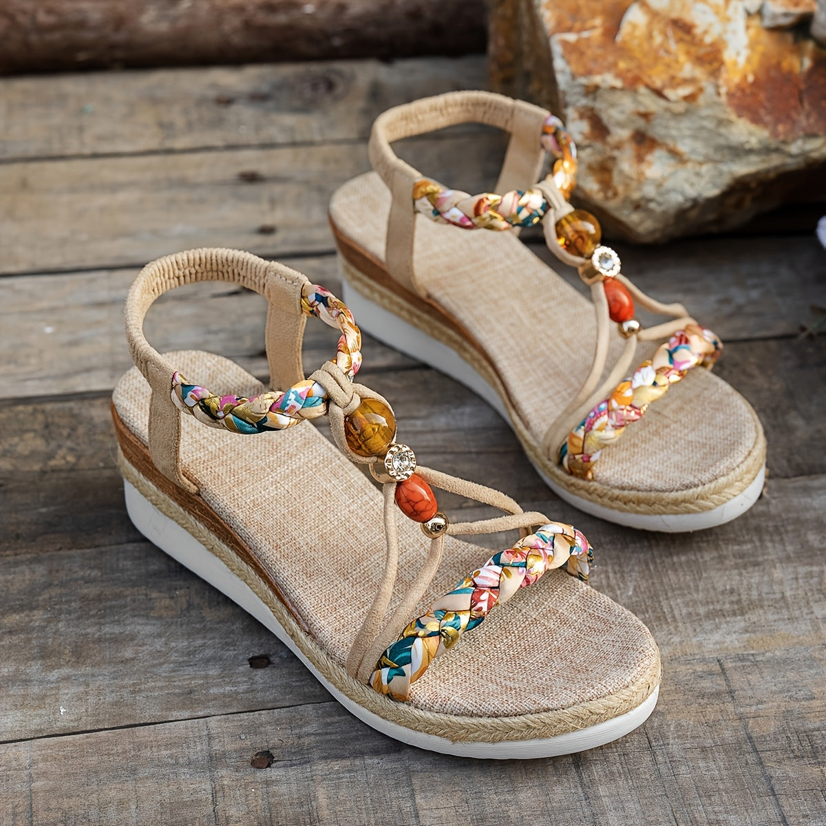 Boho wedge sandals with braided detailing and colourful beads