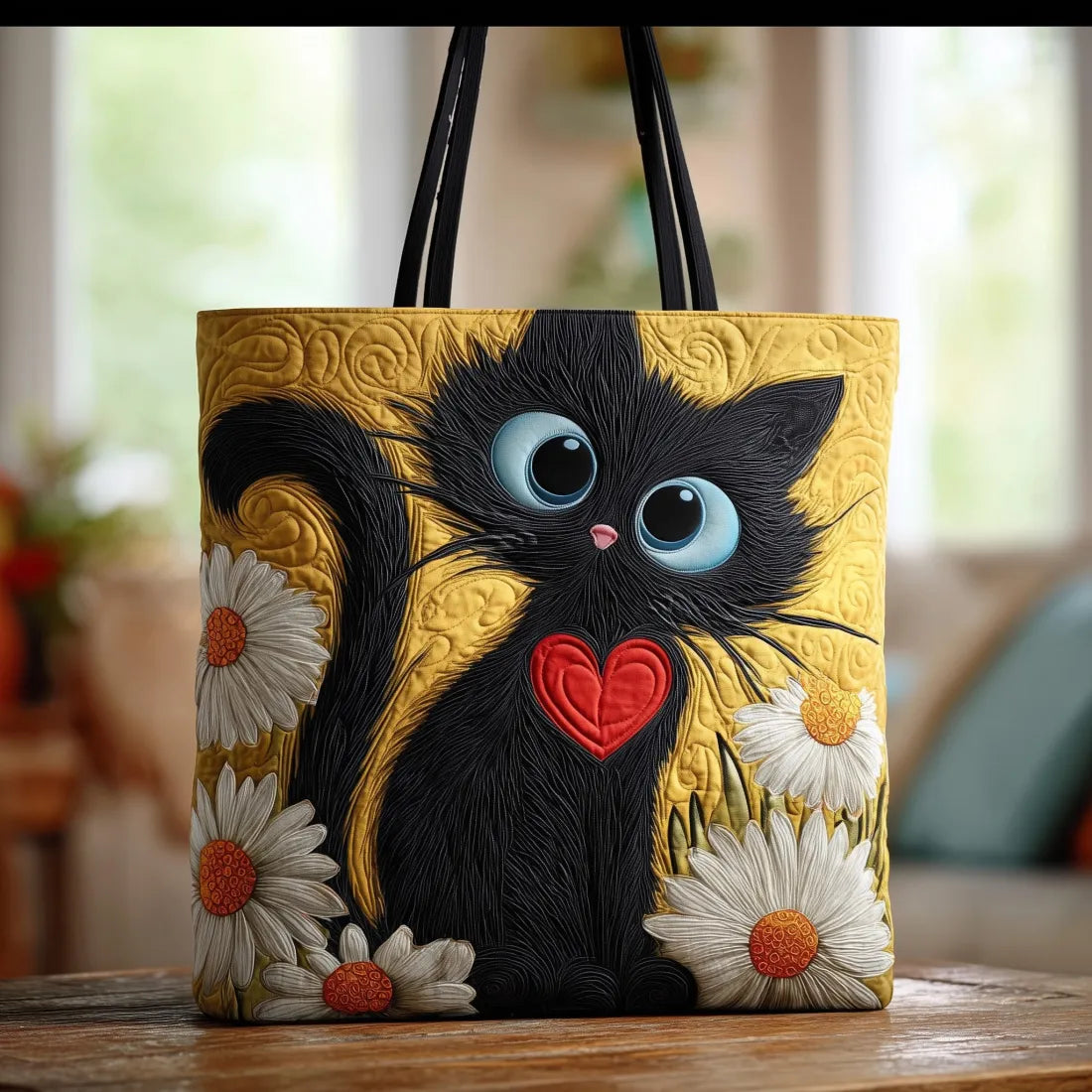 Quilted tote bag with a sleek black cat surrounded by bright daisy flowers on a padded structured body