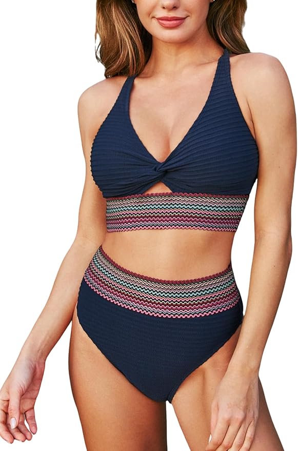 High-waist bikini in navy with contrasting colour band at the waist
