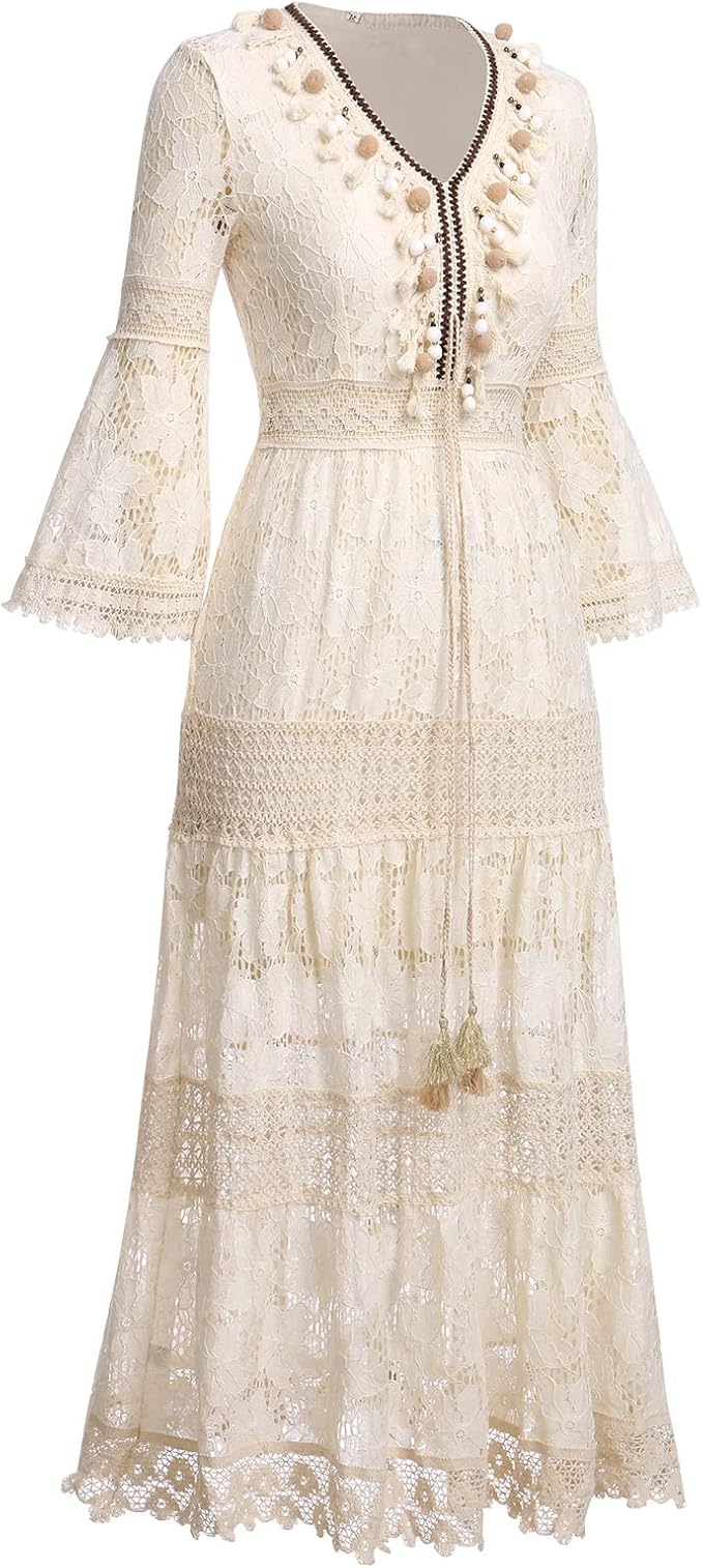Woman twirling in the Florence romantic boho maxi dress with delicate floral detailing and a ruffled hem.