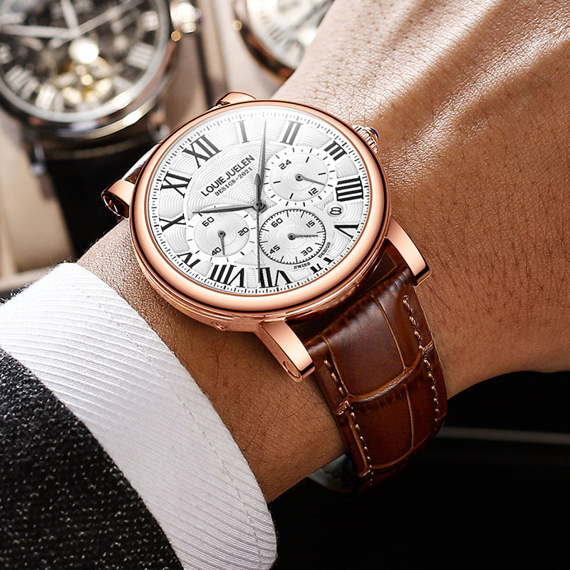 Men's classic chronograph watch in silver and black with Roman numeral dial and three subdials