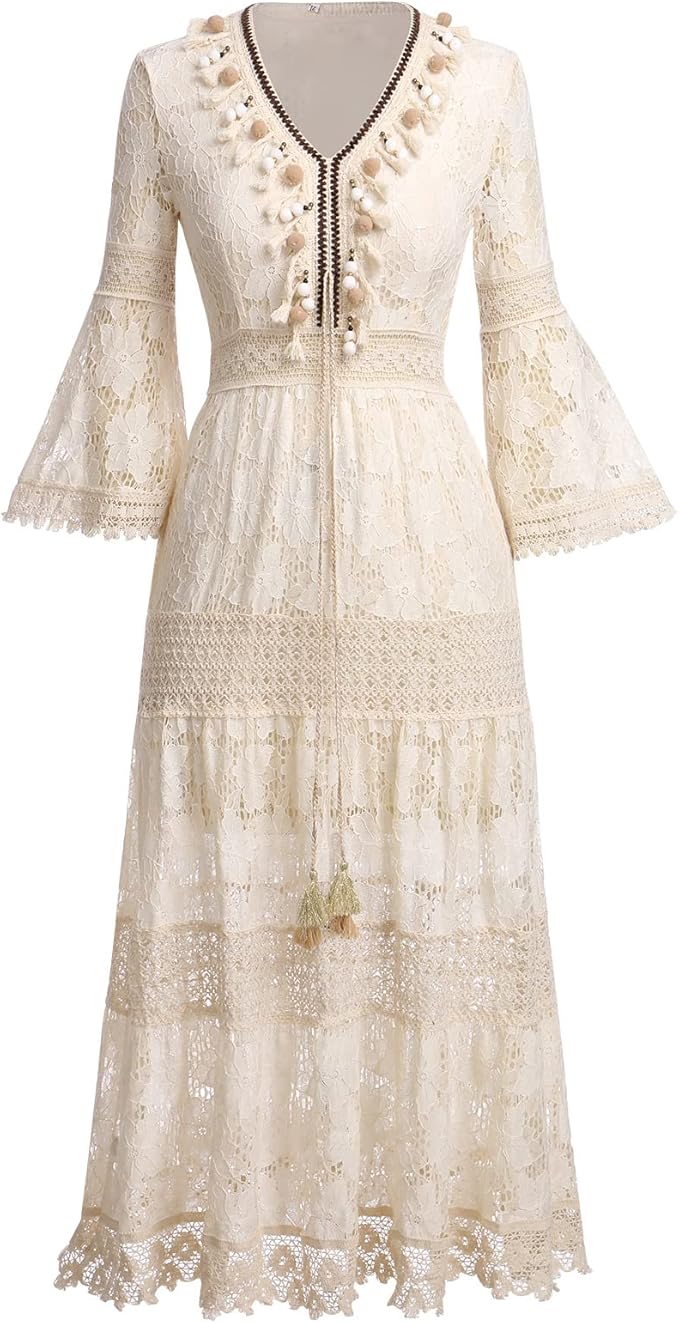 Woman twirling in the Florence romantic boho maxi dress with delicate floral detailing and a ruffled hem.