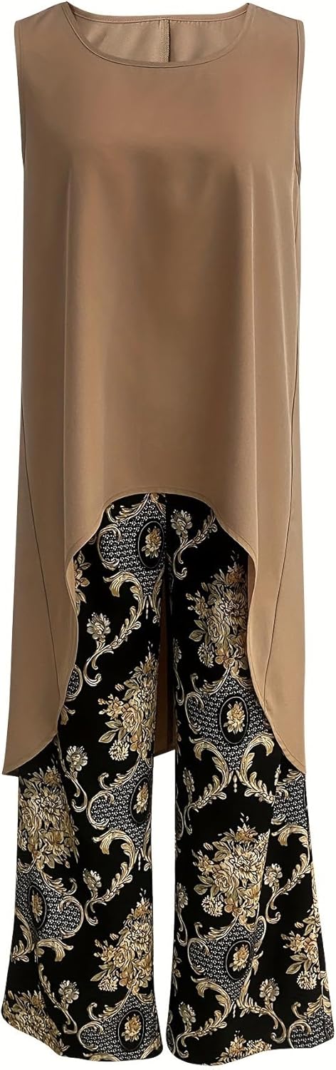 A woman wearing a flowing boho tunic with printed wide-leg trousers, relaxed and artful.