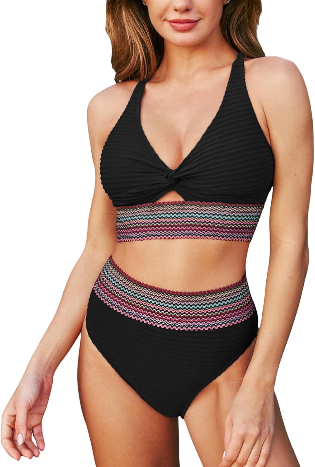High-waist bikini in navy with contrasting colour band at the waist
