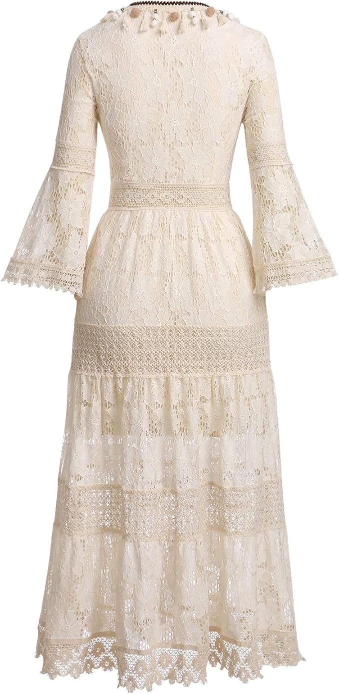 Woman twirling in the Florence romantic boho maxi dress with delicate floral detailing and a ruffled hem.
