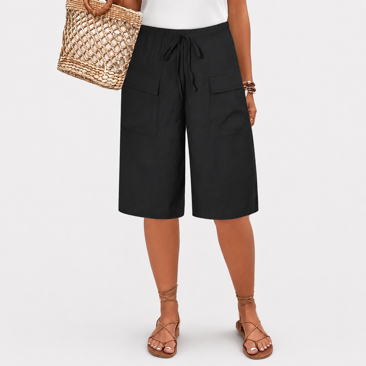 Women's high-waist shorts in terracotta with a relaxed leg and elasticated waistband