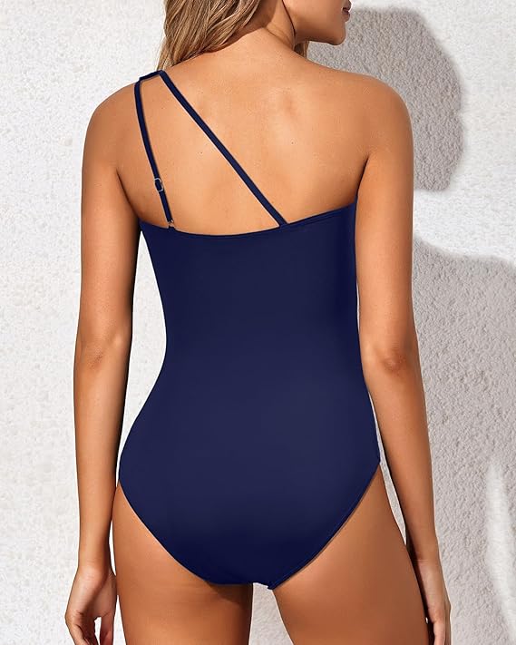 Black one-shoulder one-piece swimsuit with a clean asymmetric neckline