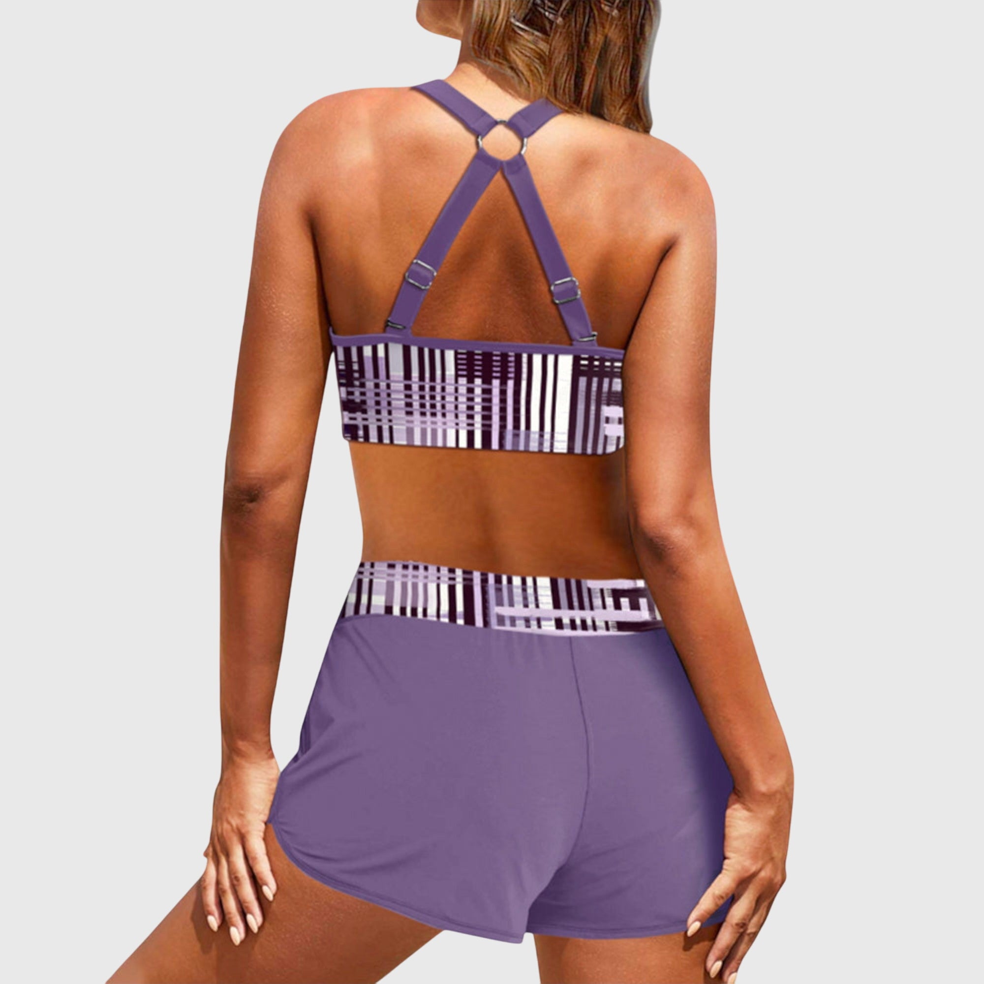 High-waist stripe bikini in green and purple colourways