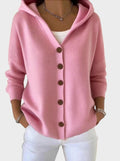 Relaxed oversized hooded cardigan with large buttons in rose pink, beige and blue shades