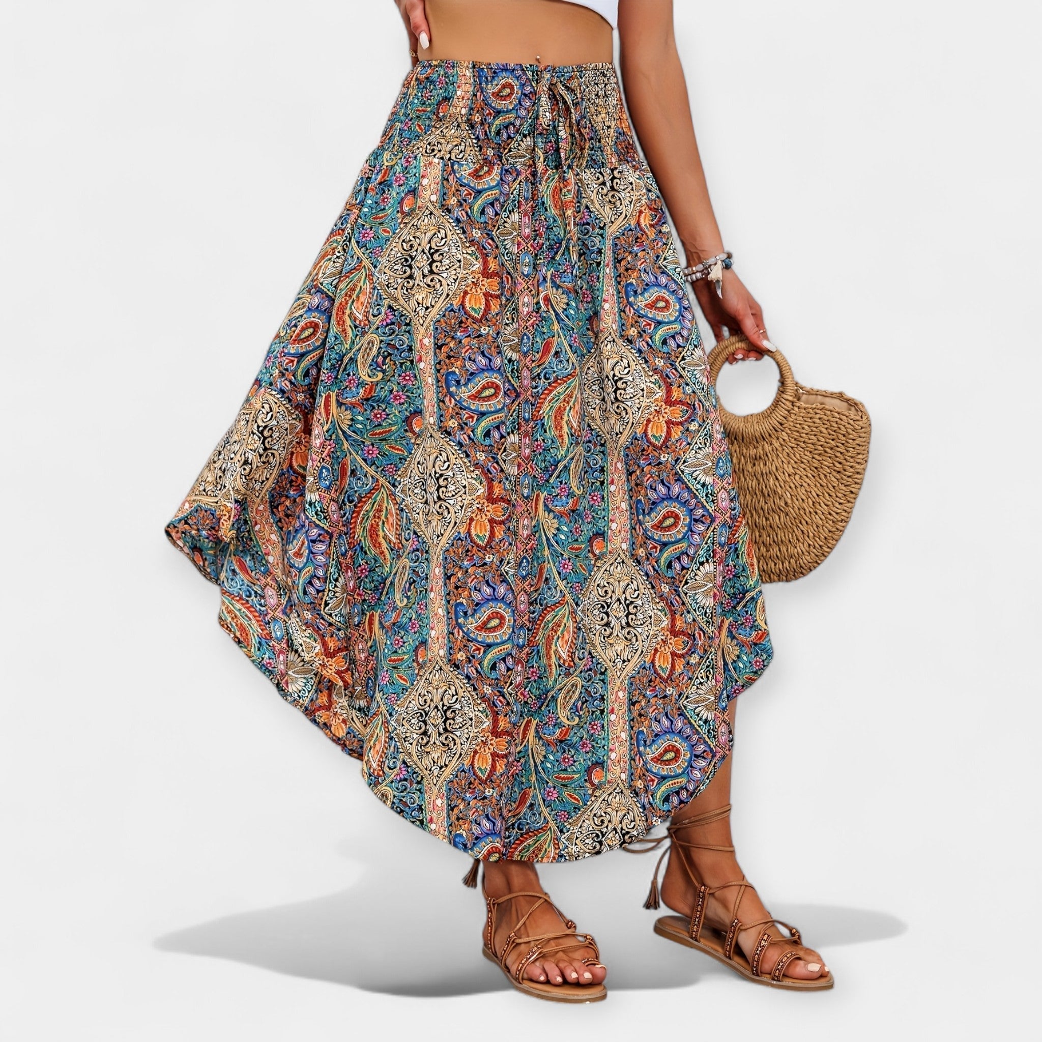 Floral print A-line midi skirt with a gathered ruffle hem and high waist in bright tones